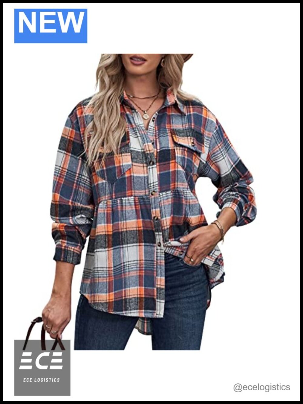 Womens Plaid Oversized Flannel Button Down Shirt Ruffle Hem Blouse